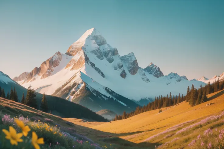 In the heart of a Wes Anderson mountain range, a majestic, snow-capped peak reaches for the heavens, surrounded by rolling hills and valleys blanketed in wildflowers.