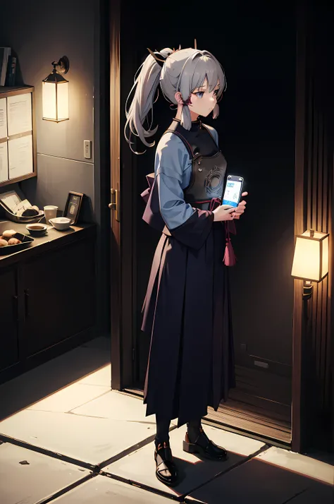 the night，1girls solo，Gray hair single ponytail，校服，standing on your feet，full bodyesbian，Holding a phone in one hand，talking on phone，Solitude，The expression is lonely，lamplight，High bitrate 4K，Full body photos are not cropped