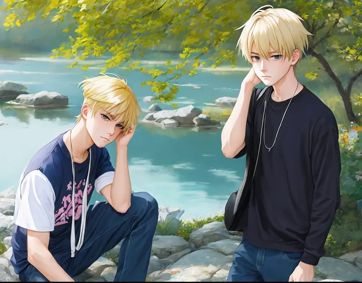 sad blonde anime boy holding a canvas