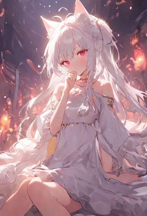 Extremely detailed CG unified 8K wallpaper、very fine 8KCG wallpaper、Anime girl sitting on big soft bed，There are cat ears on the head, white dresses!! silber hair,Red pupil eyes， cute anime waifu in a nice dress,, White-haired god, gray-haired girl, Perfec...