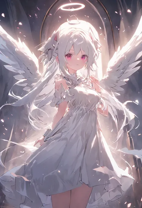 Extremely detailed CG unified 8K wallpaper、very fine 8KCG wallpaper、Anime girl standing in the sanctuary，Pray with both hands，the angels wings，There are cat ears on the head, white dresses!! silber hair,Red pupil eyes， cute anime waifu in a nice dress,, Wh...