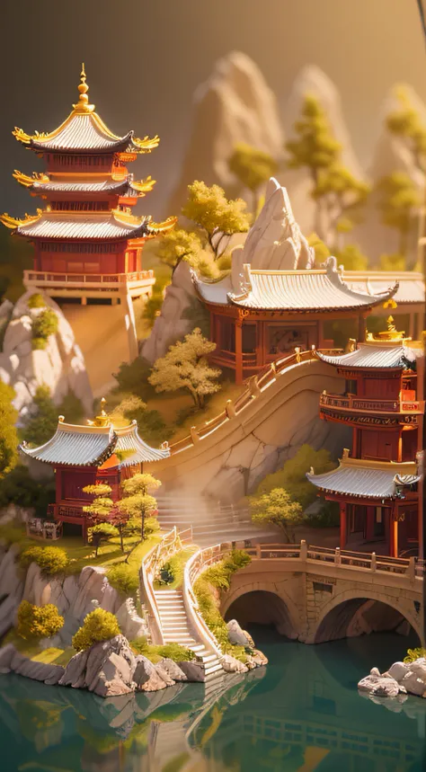 Jade，Gilded mountains，（Paper carving：1.5），Tilt-Shift，（Cloud fog：1.3），viewed from birds-eye，Soft lighting，Oriental elements，Dreamy，white colors，golden colored，Traditional Chinese color scheme，reasonable design，Clear lines，High sharpness，Best quality，Very de...