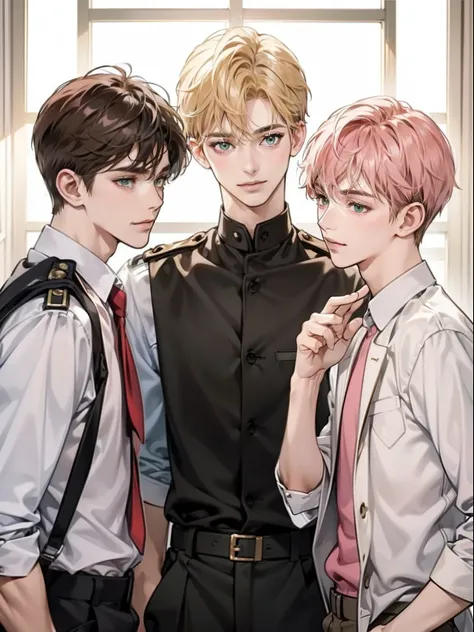 Friends, 3 boys, different hair color, short dark pink hair and brown eyes, short blonde hair and green eyes, short brown hair and brown eyes , in the school, side by side, cool, blonde hair boy is the tallest, light uniform, smile, white clothe, 18 years ...