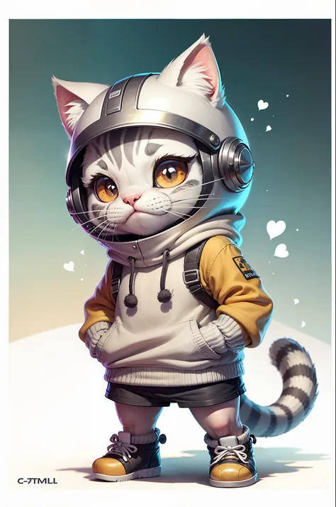 C4tt4stic, Cartoon cute silver tabby cat in knitted sweater and mini skirt, helmets,