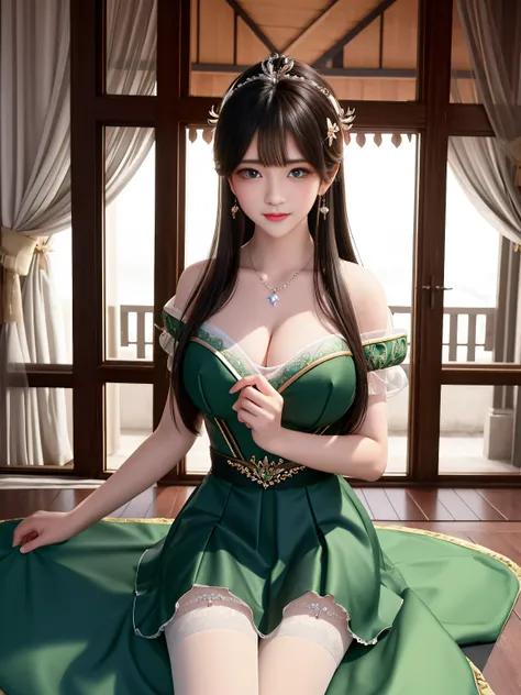 Best quality、tmasterpiece、A high resolution、1girll、Strapless animal short sleeves、a black skirt、black thin stockings、Nice face、There are hair ornaments on the head、looking at viewert、ssmile、Brown hair，beautiful and clear eyes， Green eye pupils，Green eye pu...