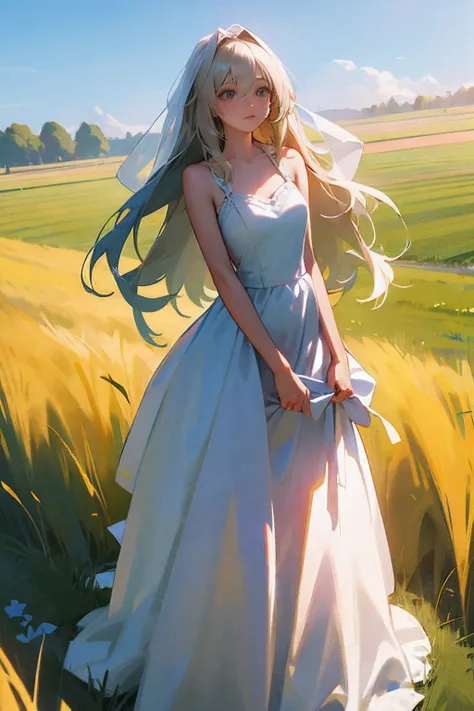 1girll，mature，Uninhibited，Intellectual，looking at viewert，long whitr hair， rays of sunshine，grassy fields，blue-sky，wedding gown，full bodyesbian，are standing，8K， RAW photos， best qualtiy， tmasterpiece， realisticlying， photograph realistic，