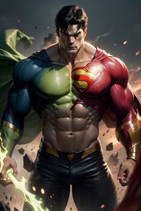 Create a visually stunning image that represents the fusion between Superman and the Hulk. The image should highlight the distinctive traits of both characters, like Supermans red cape and Hulks muscular green appearance. Make sure the image conveys the se...