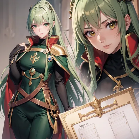 (masuter piece,Best Quality,Ultra-detailed), (A detailed face), ((Character Sheet:1.2)), Gold Eye,(Green hair:1.1),The long-haired, Two-tone hair,body suit,Black and red cloak, flat-chest, Dagger decoration,(Fire emblem), anime styled