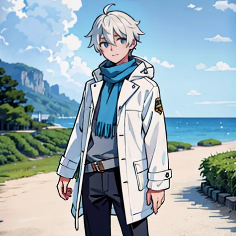 Solo, 1boy, short white hair, blue eyes, white sweatshirt, summer, rain, beach, scarf, anthro, raincoat, masterpiece, best quality, best quality, yuma kuga