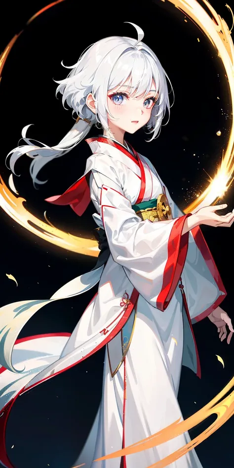 1girl, (hanfu), with light glowing, sidelighting, Wallpapers,A teenager has short silver-white hair，Eyes are focused，Cheerful laughter，He wears a white robe，There are landscape paintings on the lower edge of the robe，The boys right hand held a longsword wi...