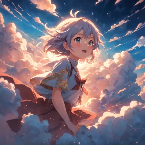 masterpiece, best quality, movie still, 1girl, cloud girl, floating in the sky, close-up, bright, happy, warm soft lighting, sunset, (sparks:0.7)