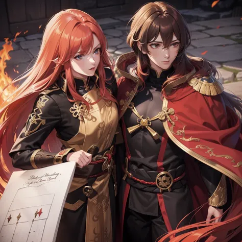 (masuter piece,Best Quality,Ultra-detailed), (A detailed face), ((Character Sheet:1.2)), Gold Eye,(redhair:1.1),The long-haired, Two-tone hair,body suit,Black and red cloak, Shogun,flat-chest, Dagger decoration,(Fire emblem), anime styled