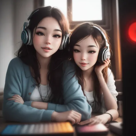 Cute face, woman , red ayes, listening music, in room, realistik, chill vibes