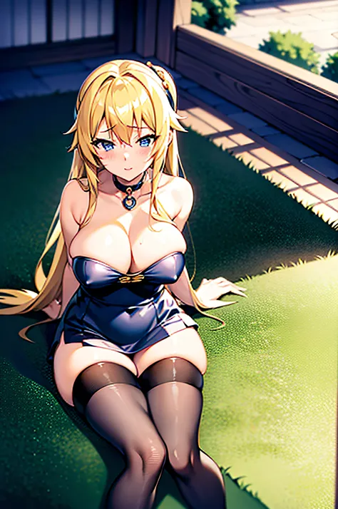 (masterpiece), best quality, expressive eyes, perfect face, anime girl with blonde hair and black stockings sitting on a bed, seductive anime girl, oppai, beautiful alluring anime woman, hajime yatate, emale anime character, official anime still, beautiful...