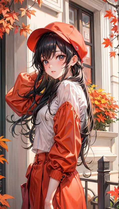 anime girl with long hair wearing a red hat and red jacket, beautiful anime portrait, 🍁 cute, beautiful anime girl, anime visual of a cute girl, ilya kuvshinov with long hair, anime girl with long hair, attractive anime girl, portrait anime girl, pretty an...