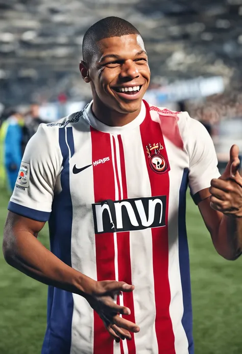 French footballer Kylian Mbappe crosses his hands in front of his chest in a celebratory gesture, stands next to the flagpole at the top corner of the football field, has a serious facial expression with excitement, and wears the number 7 shirt of Spanish ...