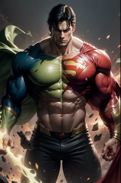 Create a visually stunning image that represents the fusion between Superman and the Hulk. The image should highlight the distinctive traits of both characters, like Supermans red cape and Hulks muscular green appearance. Make sure the image conveys the se...