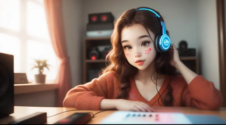 Cute face, woman , red ayes, listening music, in room, realistik, chill vibes