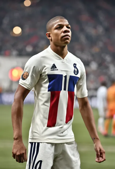 French footballer Kylian Mbappe stands with his hands crossed over his chest next to the flagpole at the top corner of the football field, wearing the number 7 shirt of Spanish Serie A side Real Madrid