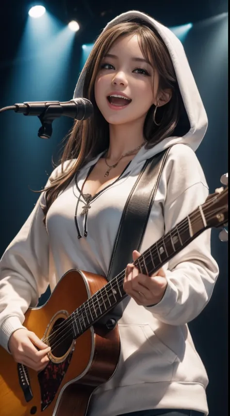 (masutepiece:1.3, Best quality, Photorealistic, Ultra-detailed, finely detailed, high resolution, 8K wallpaper), 1 beautiful girl, Band group vocals, White hoodies, Sing a song with an electric guitar, standing microphones, Mouth open, Beautiful face, Deta...