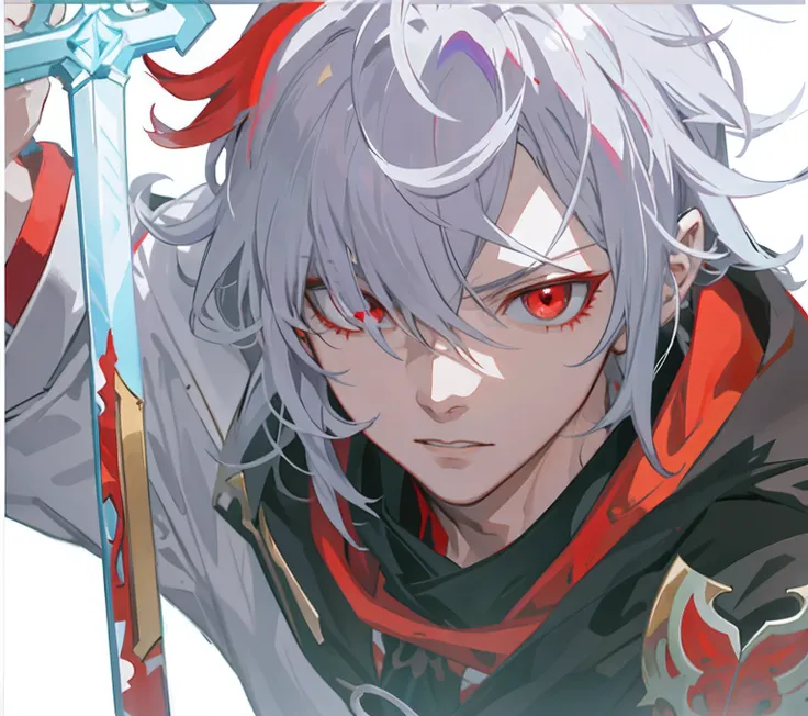 Anime characters with sword and red eyes in front of white background, handsome guy in demon killer art, nagito komaeda, Keqing from Genshin Impact, Detailed key anime art, zerochan art, Key anime art, Detailed digital anime art, detailed anime character a...