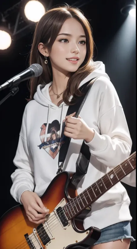 (masutepiece:1.3, Best quality, Photorealistic, Ultra-detailed, finely detailed, high resolution, 8K wallpaper), 1 beautiful girl, Band group vocals, White hoodies, Sing a song with an electric guitar, standing microphones, Mouth open, Beautiful face, Deta...