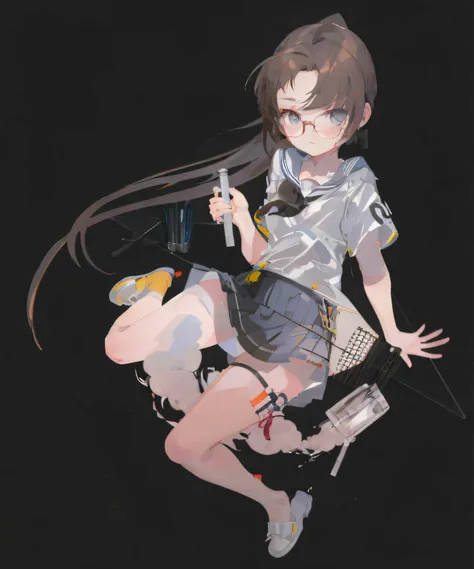 eye glass，The halo，brown  hair，a black bowtie，Test tube in hand，a sailor suit，short  skirt，Single horsetail