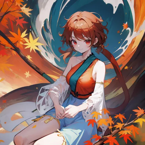 Animated girl images、Holding a sword in his hand、The second has a shield, Brown hair, Solo, 1girl in, Red Eyes, monkey tail, Smile, Twin-tailed、Sitting on a tree branch, autumn, autumn leaves, mountains, large waterfall, overhead view, hair blowing in the ...