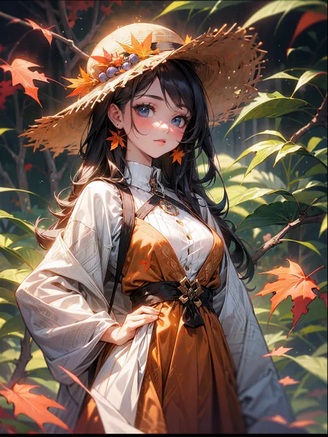 photoRealstic、Drawing of a ((beautiful woman)) wearing a autumn dress, beautiful hat, ((elegant cute look)), fall leaves background, autumn vibe, ((tileset))