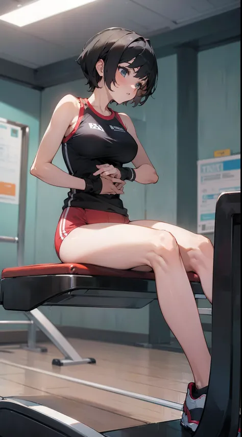 (gigantic breast:1),(masterpiece, best quality),((high resolution 4k)), 1lady, solo, black short hair, loose waves,sitting on the treadmills,front view,in the gym,random color sport wears,front view,dynamic camera