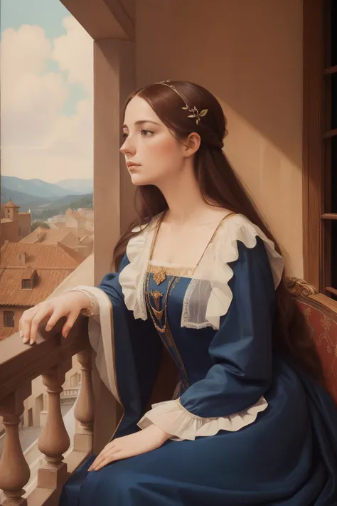 A portrait of a melancholic woman in flowing Renaissance attire, her hand resting on a balcony as she gazes wistfully into the distance.