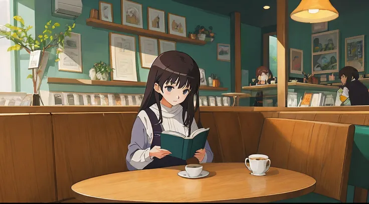 A pretty Asian girl reading a book in a cafe, illustration, anime style