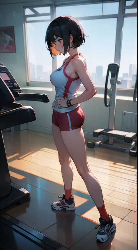 (gigantic breast:1),(masterpiece, best quality),((high resolution 4k)), 1lady, solo, black short hair, loose waves,standing on the treadmills,front view,in the gym,random color sport wears,front view,dynamic camera