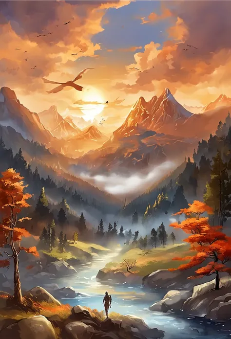 In this picture，A magnificent natural landscape can be seen。Heaven and earth are one，Its like a huge stove burning。The entire sky appeared with orange-red flames and a blazing golden yellow glow，It seems to be a steady stream of heat energy between heaven ...