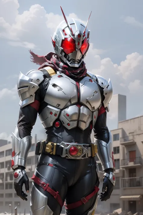 masterpiece, highest quality, illustration, silver bodysuit, red scarf, mask, helmet, tokusatsu, belt, Dark yellow combat uniform, Grasshopper mask, solo, full body, kamen, apocalypse.