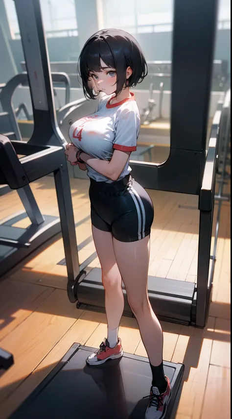 (gigantic breast:1),(masterpiece, best quality),((high resolution 4k)), 1lady, solo, black short hair, loose waves,standing on the treadmills,front view,in the gym,random color sport wears,front view,dynamic camera