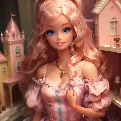 a barbie doll in front of a charming pink house, bathed in soft daylight, best quality, masterpiece, super detail, award winning