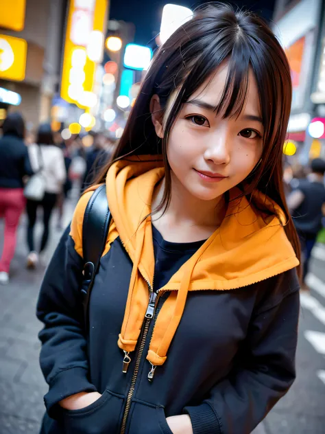 1girl, Tokyo street,night, cityscape,city lights,upper body,close-up,smile, orange yellow hoodie, (8k, RAW photo, best quality, masterpiece:1.2),(realistic, photo-realistic:1.37),