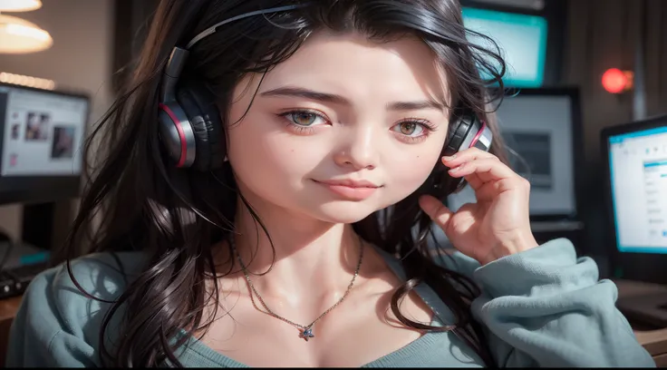 woman with headphones on listening to music in front of a computer, realistic artstyle, realistic anime artstyle, realistic digital art 4 k, realistic digital art 4k, realistic cute girl painting, artwork in the style of guweiz, digital anime illustration,...