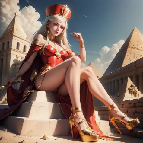 Soviet princess wearing gold high-heeled sandals，Step onto the pyramids，leather whip