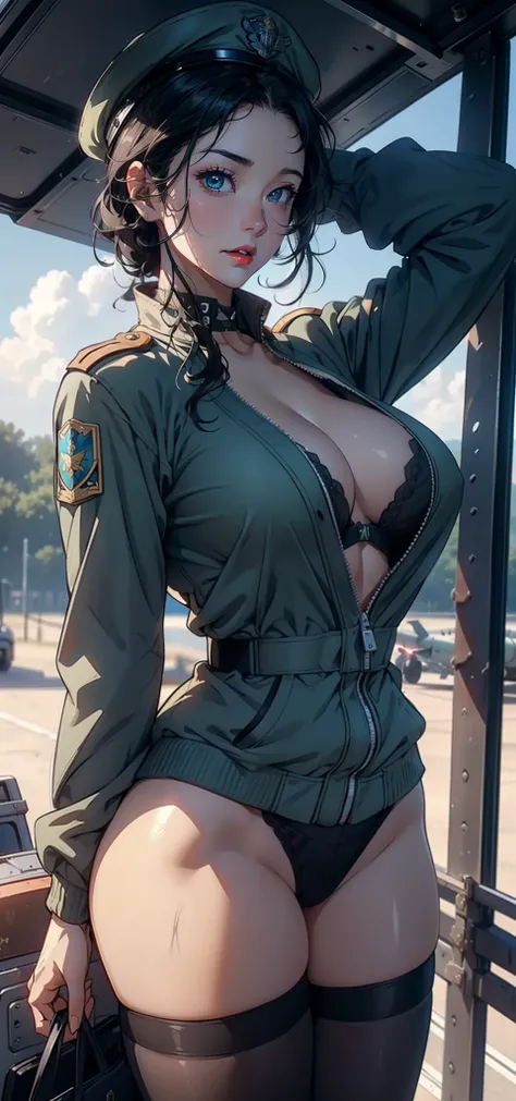 1female，35yo，plumw，extremely large bosom， 独奏，（Background with：grassy fields，ln the forest，aerodrome，Planes，Huge mechanical armor，） She has very short black hair，bobo head，Stand on the plane，，seen from the front， hair straight， mostly cloudy sky，（（（tmasterp...