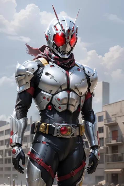 masterpiece, highest quality, illustration, silver bodysuit, red scarf, mask, helmet, tokusatsu, belt, Dark yellow combat uniform, Grasshopper mask, solo, full body, kamen, apocalypse.