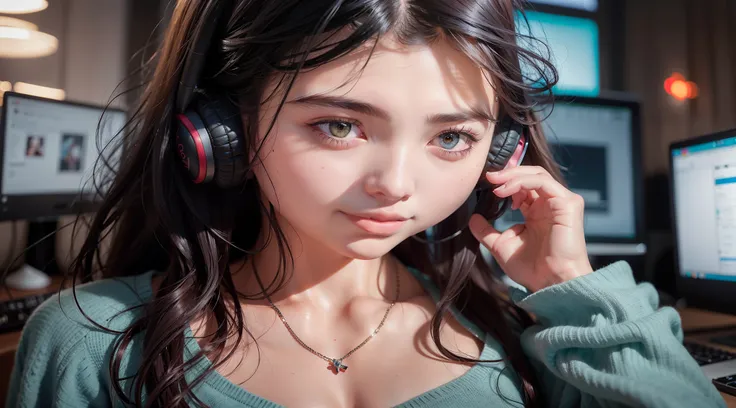 woman with headphones on listening to music in front of a computer, realistic artstyle, realistic anime artstyle, realistic digital art 4 k, realistic digital art 4k, realistic cute girl painting, artwork in the style of guweiz, digital anime illustration,...