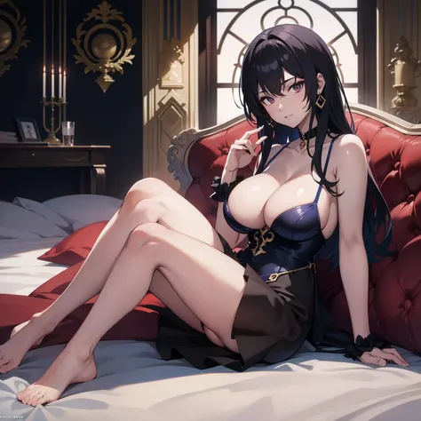 Delve into an anime-inspired still image that portrays an alluring milf reclining on a sumptuous bed, engaged in an intimate act of self-pleasure and bliss, as her surroundings exude an air of secrecy and allure.