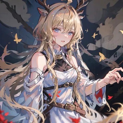 1girll，From the Ark of Tomorrow,Anthropomorphic female deer，Depth of field,((Blonde hair))),blond hairbl,Purple eyes,Loli,((eyes half closed)),Long hair,(Loose long hair),(ahoge),((white shirt under black robe)),(White collared shirt),medium frilled skirt,...