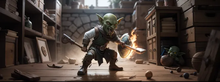 A very powerful goblin，the head is small，Hold the round wooden shield in your left hand，Holding a tomahawk in his right hand。tmasterpiece。best qualtiy。