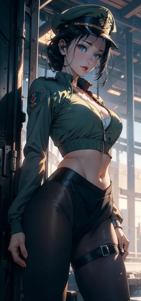 1female,35yo,plumw,extremely large bosom, 独奏,(Background with:Huge machinery,droid,aerodrome,Planes,Huge mechanical armor,) She has very short black hair,bobo head,Stand on the plane,,seen from the front, hair straight, mostly cloudy sky,(((tmasterpiece),(...