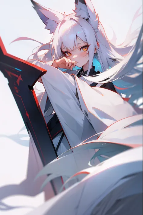 Fox girl，long white robe，grievance，long  white hair