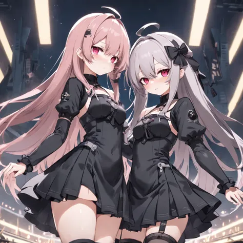 Anime characters with long pink hair and black skirts, from girls frontline, girls frontline style, Fine details. Girl front, girls frontline universe, Girls Frontline CG, Anime girl wearing black dress, nier:automata inspired, nier : automata inspired, St...