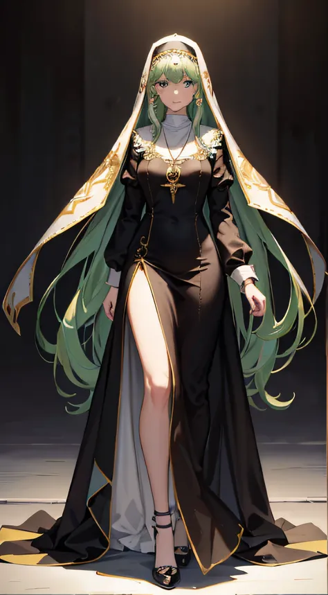 {best quality},{{masterpiece}},{solo},{highres}, original, extremely detailed 8K wallpaper, 1girl,Amazing,{an extremely delicate and beautiful},green eyes,green hair,white hair, very long hair, full body,breasts,light smile,gorgeous court dress, high heels...